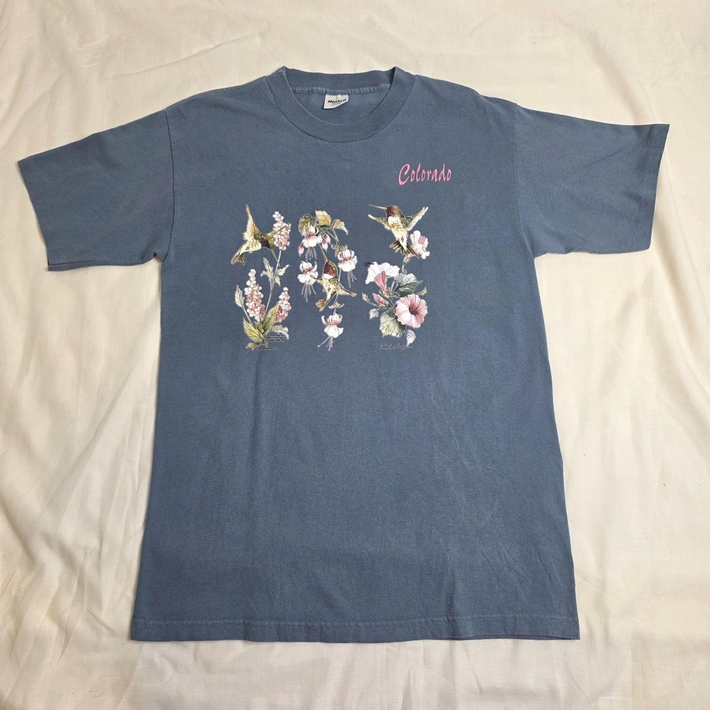 Vintage Colorado Hummingbird Flowers Shirt Mens Large Blue Murina USA Tee